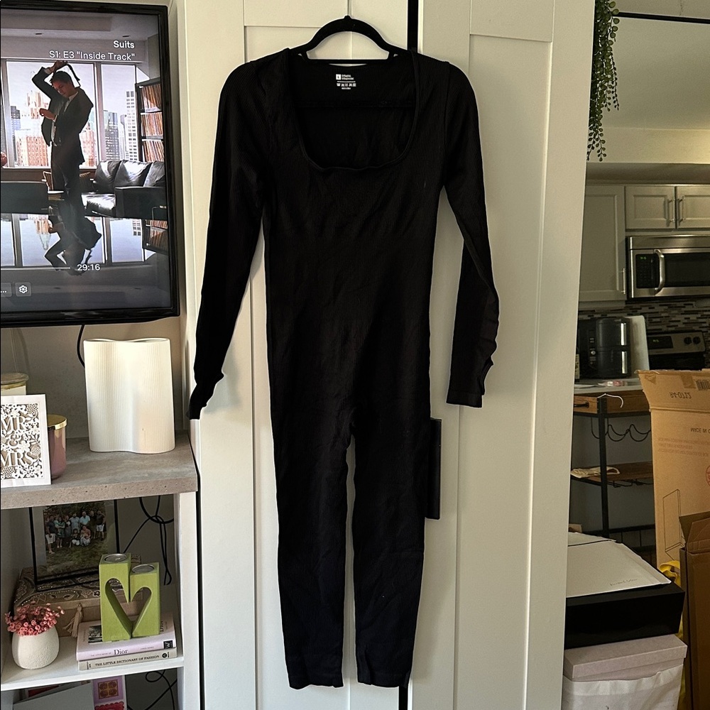 Black Long Sleeve Ribbed Jumpsuit